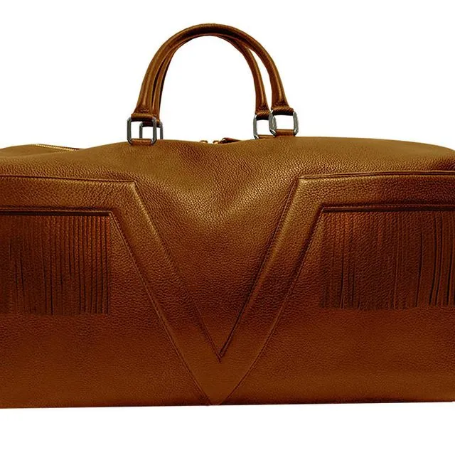 Large Leather Brown VLx Travel Bag with fringes - Yellow Outlines