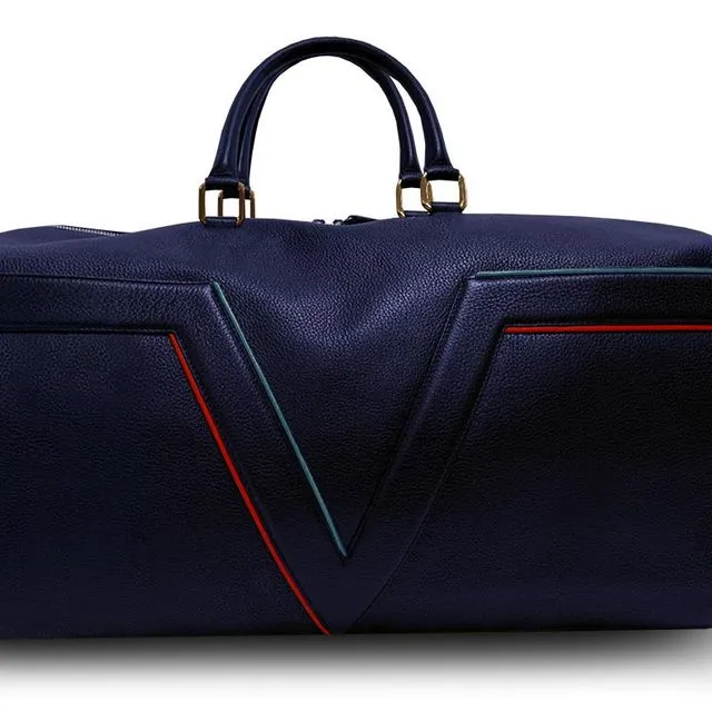 Large Leather Dark Blue VLx Travel Bag - Red & Blue Outlines