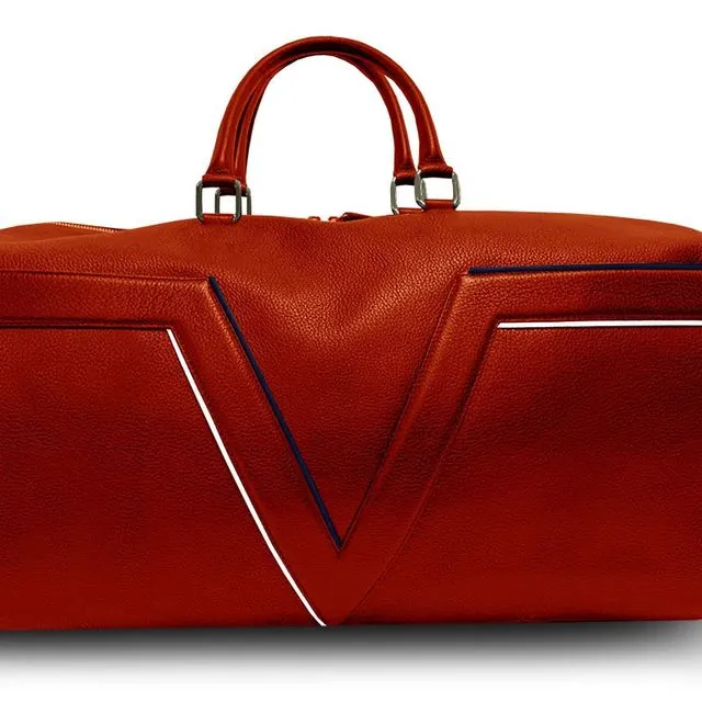 Red Leather Travel Bag VLx - White & Blue Outlines