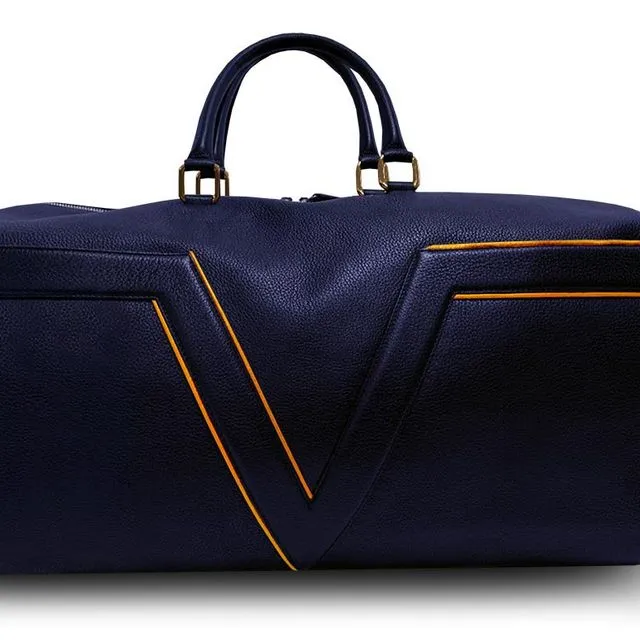 Dark Blue Leather Travel Bag VLx - Orange Outlines