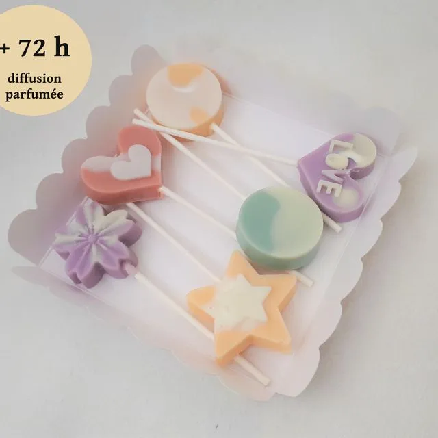 box of 6 scented wax lollipops