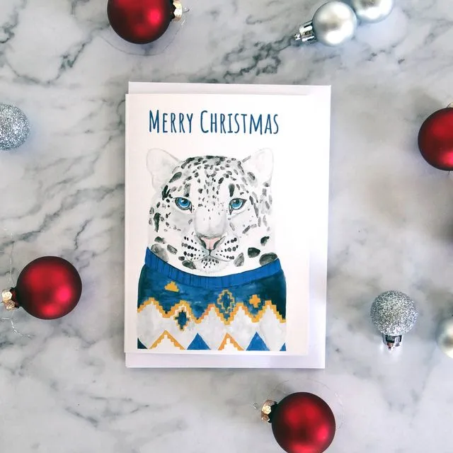 Snow Leopard Christmas Card