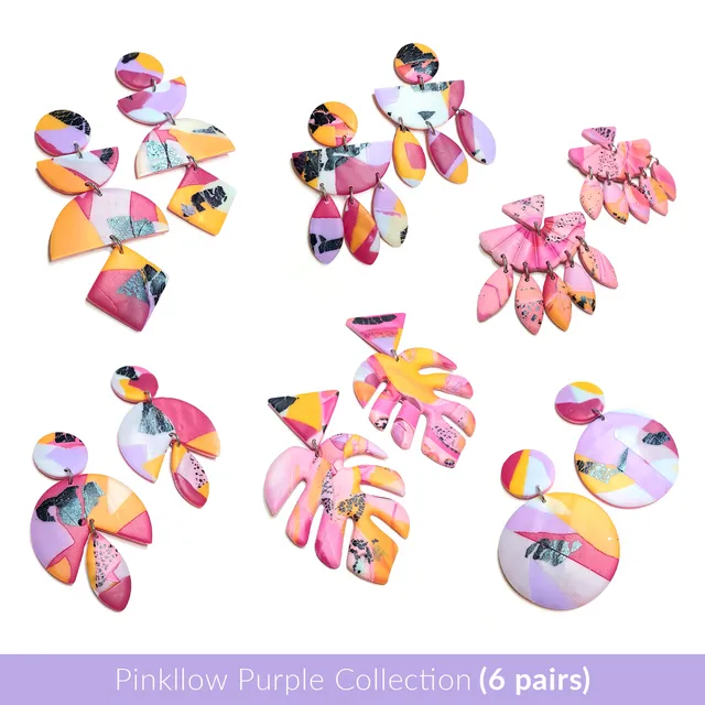 Pinkllow Purple collection (6 pairs) with dark blue shine polymer clay earrings