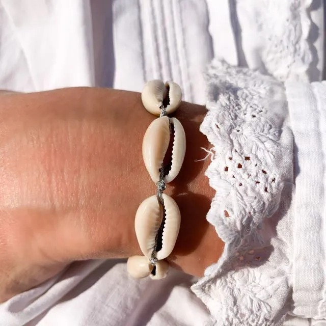 Bracelet Multi-shells with natural cowries and silver thread