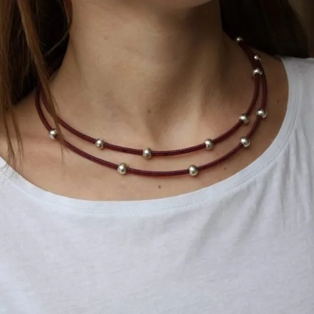 Silver Beads Necklace - Bordeaux