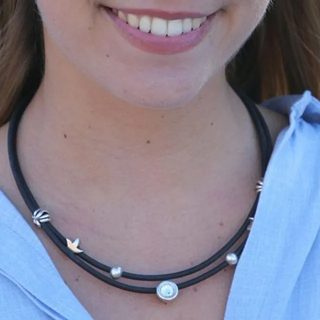 Starfish and Beads Necklace with transparent Swarovski Stone - Black