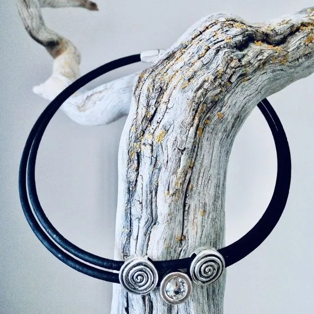 Spiral Necklace with transparent Swarovski Stone - Dark Blue