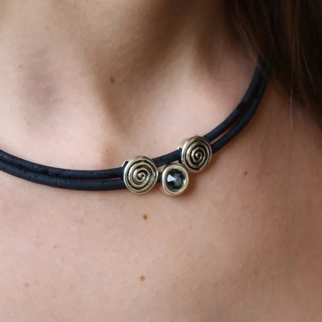 Spiral Necklace with blue Swarovski Stone - Black