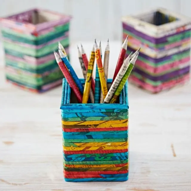 Recycled Newspaper Square Pencil Holder in Blue, Green, Yellow and Red