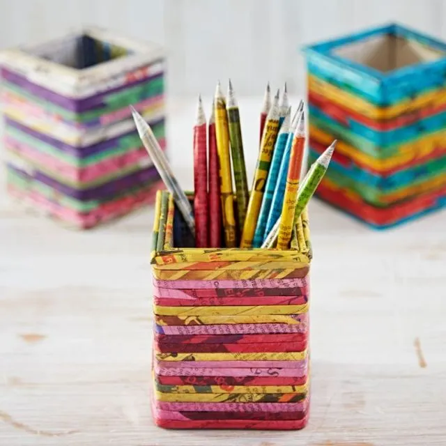 Recycled Newspaper Square Pencil Holder in Red, Yellow and Pink
