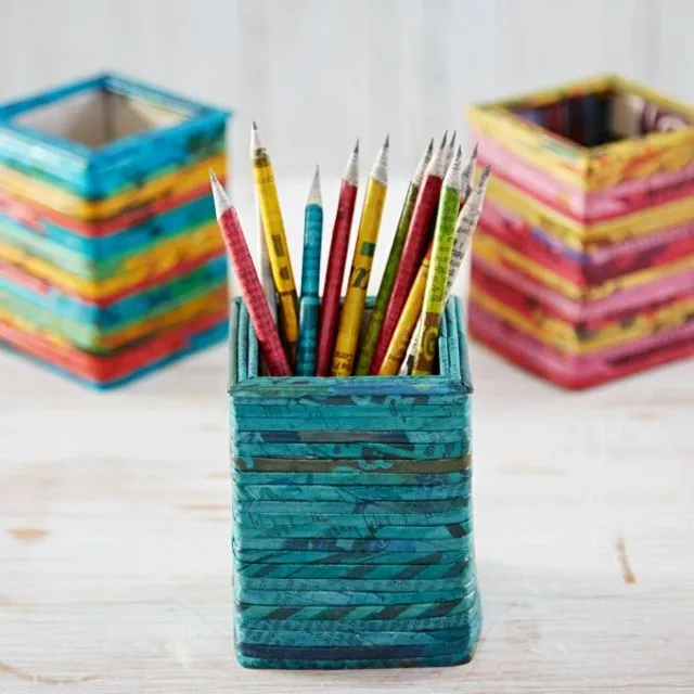 Recycled Newspaper Square Pencil Holder in Teal