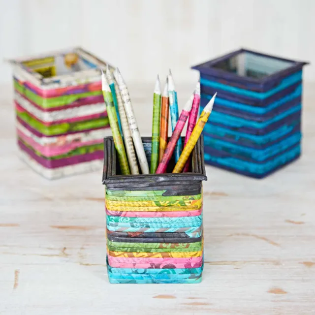 Recycled Newspaper Square Pencil Holder in Navy, Green, Yellow, Pink and Blue