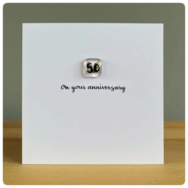 50th Golden Anniversary Greeting Card with fused glass tile
