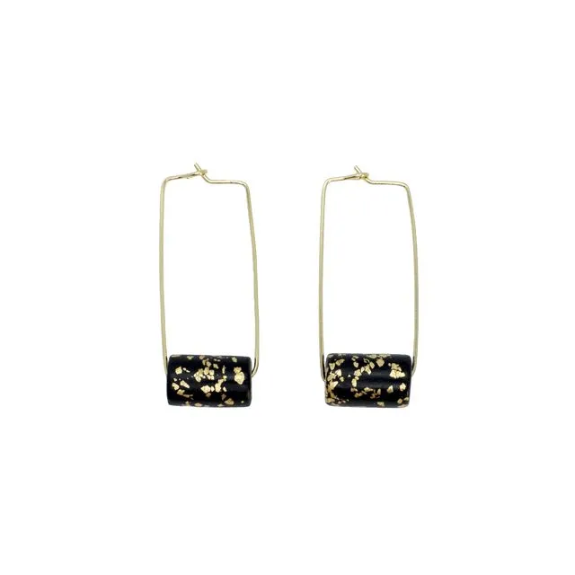 Gold Rectangle Earrings - Black & Specks Bead