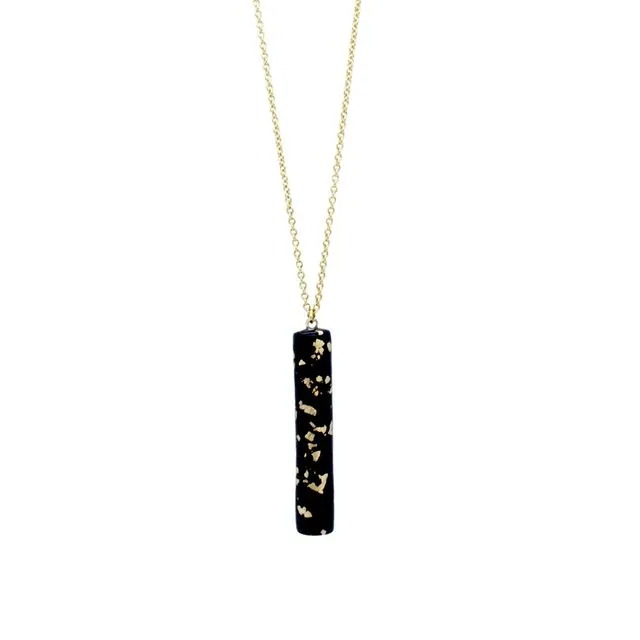 Gold Necklace - Black & Specks Bar Pendant