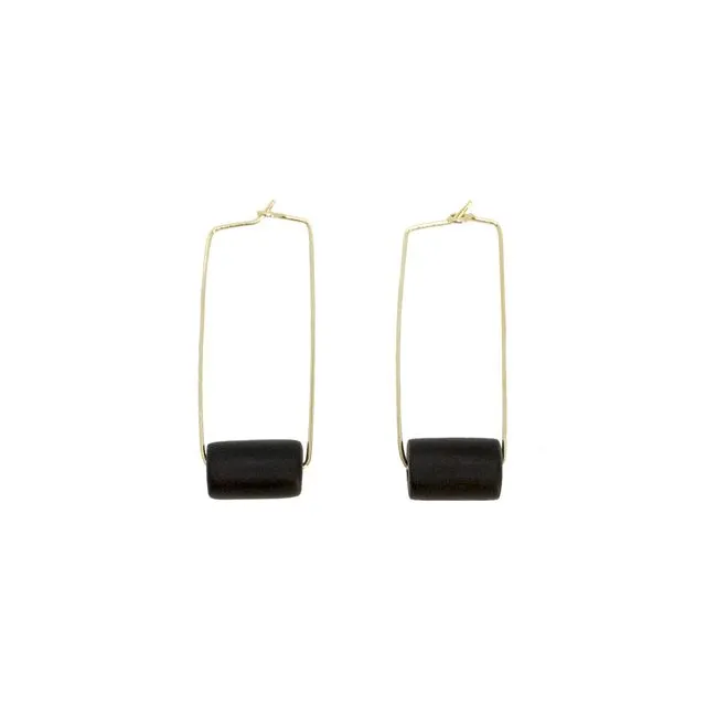 Gold Rectangle Earrings - Black Bead