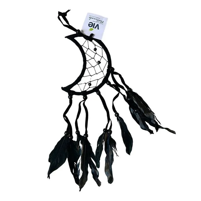 Vie Naturals Crescent Dream Catcher, Feathers, 12cm, Black
