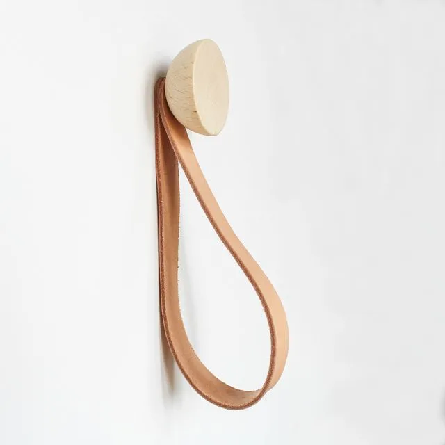 Round Beech Wood Wall Mounted Hook / Hanger with Leather Strap