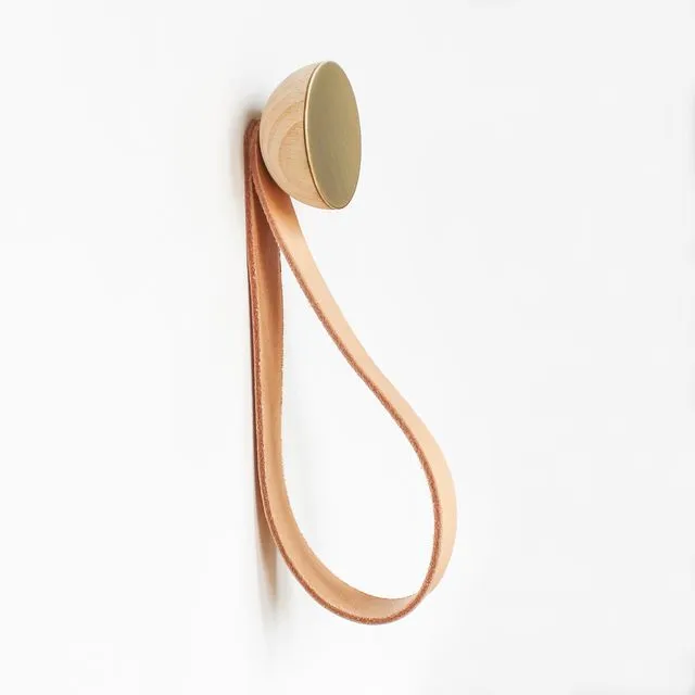 Round Beech Wood & Brass Wall Mounted Hook / Hanger with Leather Strap