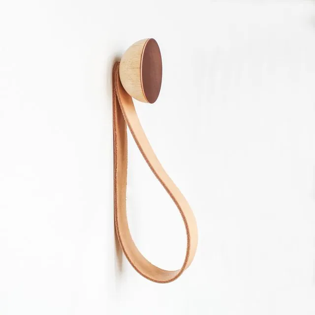 Round Beech Wood & Copper Wall Mounted Hook / Hanger with Leather Strap