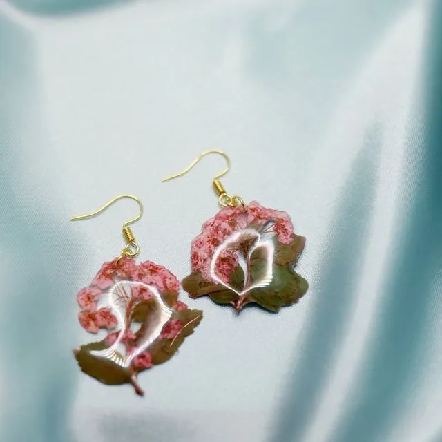 Pressed Flower Earrings Pink Gold Plated Silver