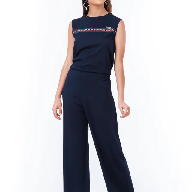 Limited edition navy blue jumpsuit with Peruvian motifs