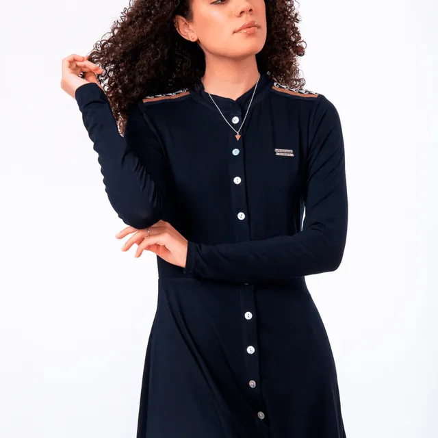 Limited edition navy blue fit-and-flare shirt dress with Andean motifs