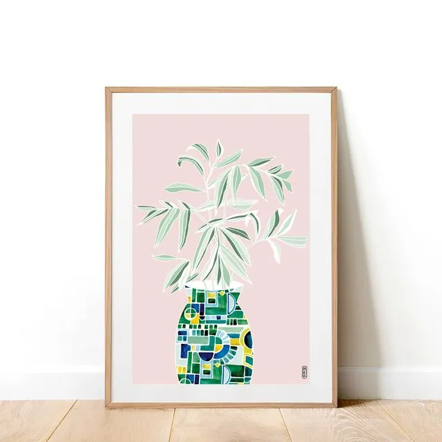 Leafy Vase Art Print on Pastel Pink(A4)