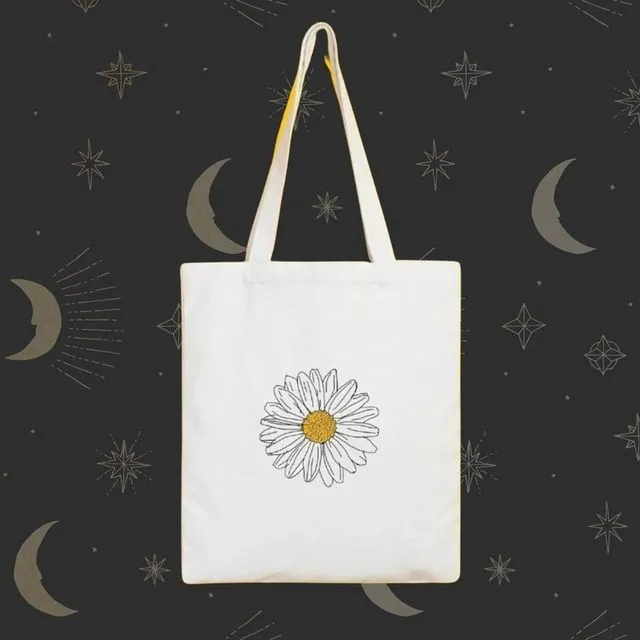 Tote Bag With A Daisy Hand Printed Design - Beige