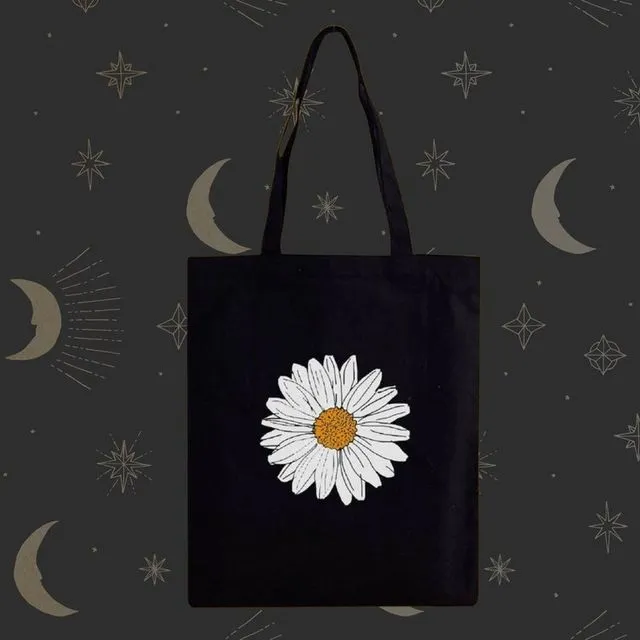 Tote Bag With A Daisy Hand Printed Design - Black