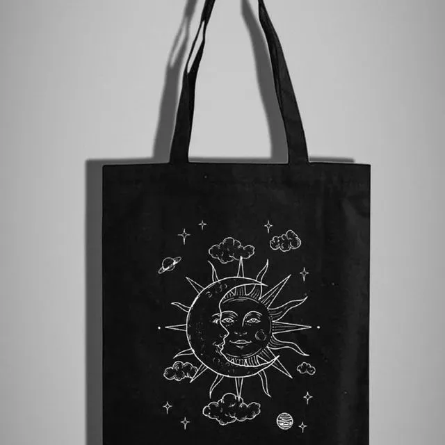 Tote Bag With A Moon & Sun Hand Printed Design Reusable Canvas Shopper - Black