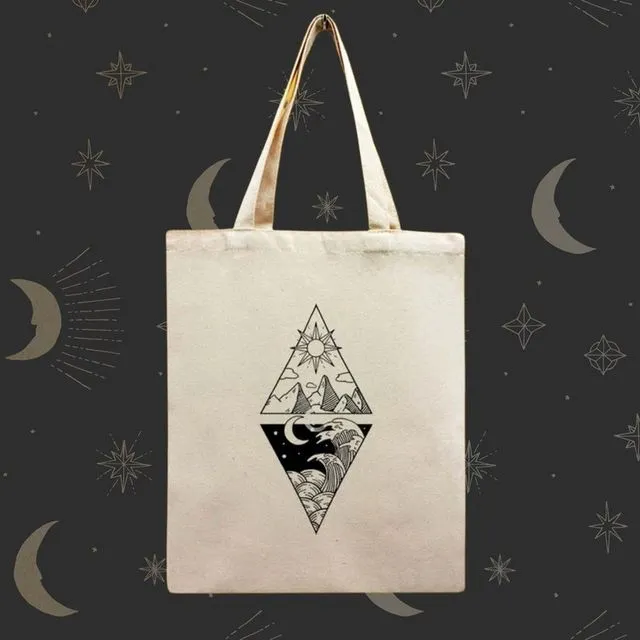Tote Bag With A Sun & Moon Dial Hand Printed Design - Beige