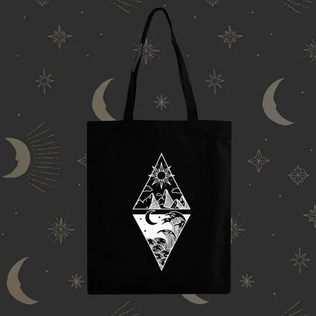 Tote Bag With A Sun & Moon Dial Hand Printed Design - Black
