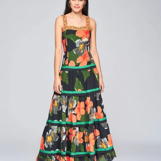 Long Printed Dress With Embroidery - Black