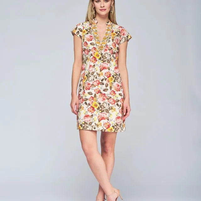 Short Dress With Floral Print And Embroidery - Beige