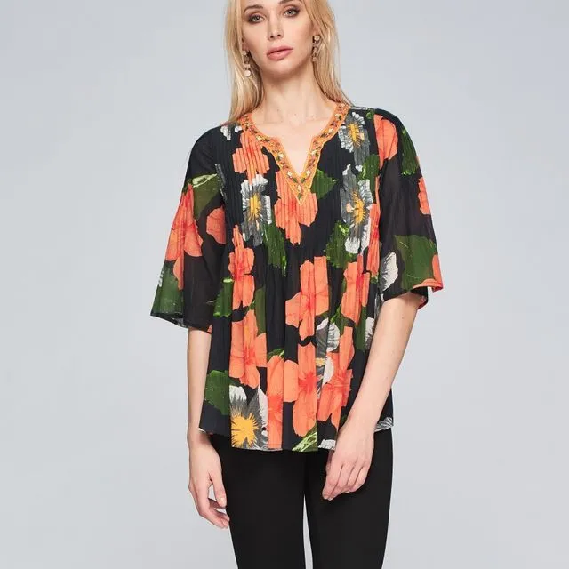 Women's Blouse Printed With Embroidery - Black