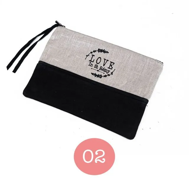Bi-Material Pouch (Iridescent silver linen & black suede & black embroidery)