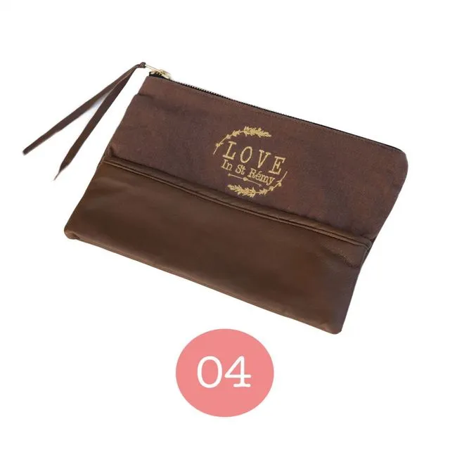 Bi-Material Pouch (Brown linen & brown leather & beige embroidery)