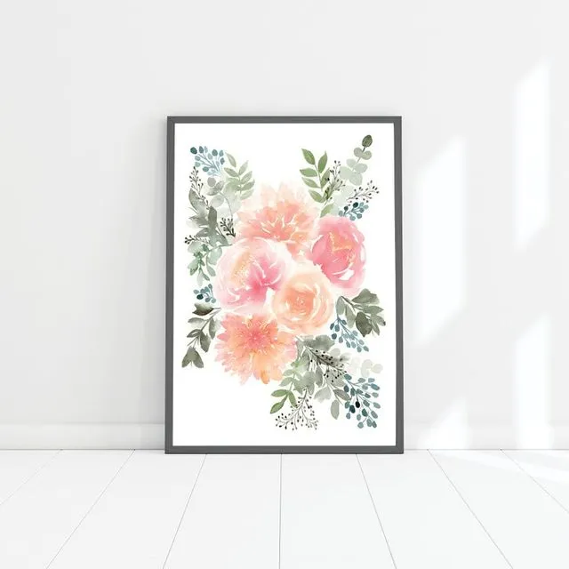 Pink peonies, roses and dahlias loose floral A4 art print