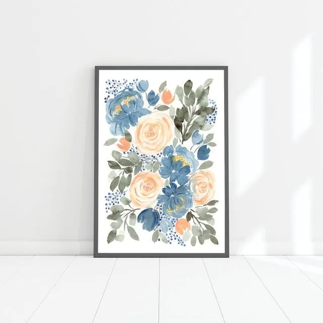 Blue peonies and pink roses loose floral A4 art print