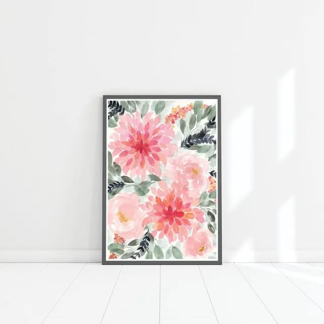 Peonies and dahlias loose floral A4 art print