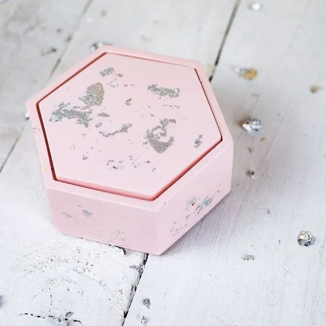 Jesmonite trinket box, pastel pink with silver leaf