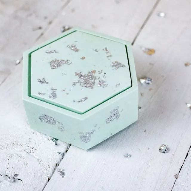 Jesmonite trinket box, pastel green with silver leaf