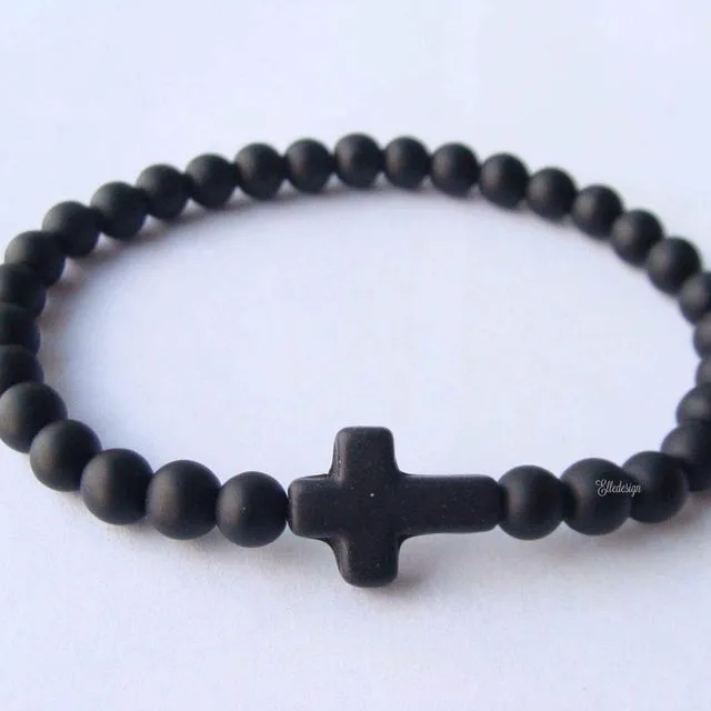 Men’ Cross Bracelet - Gemstone Black Matte Beads