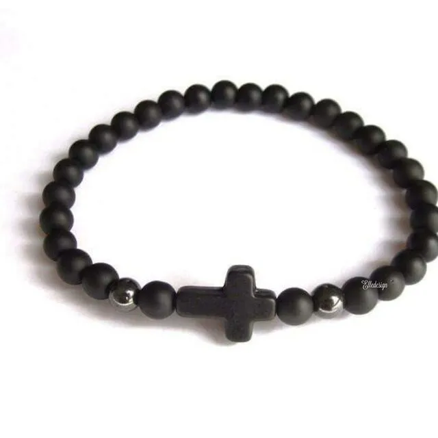 Men’ Cross Bracelet - Onyx Gemstone Black Matte Beads