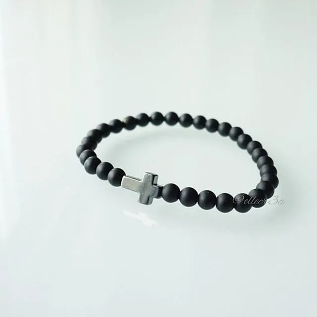 Men’ Cross Bracelet - Onyx and Pyrite Gemstone Black Matte Beads
