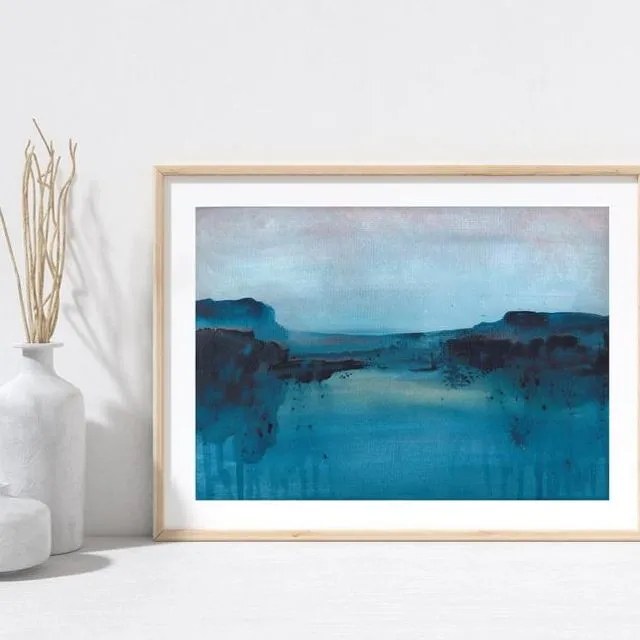 Abstract Art Print - Modern Blue Seascape Painting