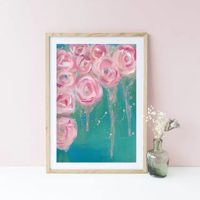 Abstract Floral Print, Unframed Fine Art Print, Pink Roses on Blue and Turquoise Background