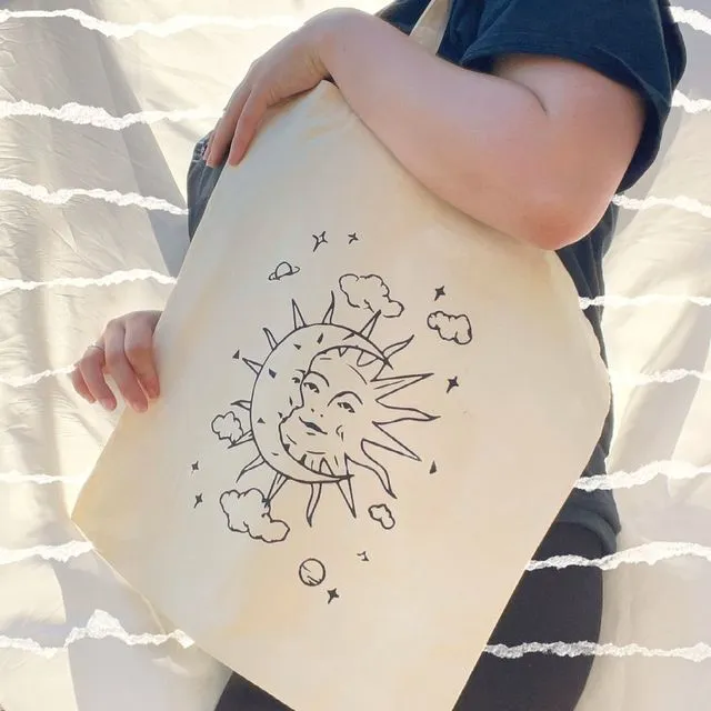 Tote Bag With A Moon & Sun Hand Printed Design Reusable Canvas Shopper - Beige