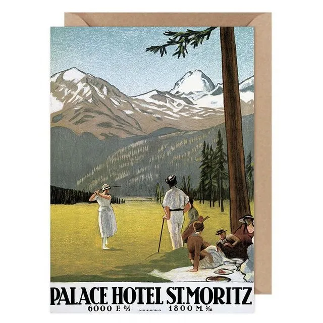 Vintage St Moritz Golf Poster Card 100% Cotton  Tree Free Made in Switzerland  0000-1084